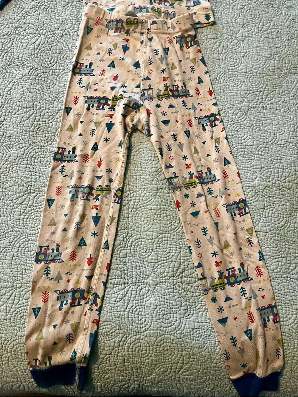 Hanna Andersson white Holiday Train Pajama Set with Blue Trim